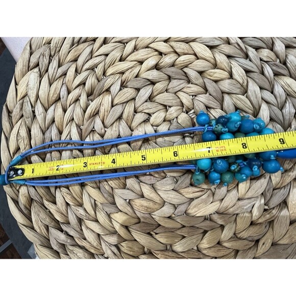 Blue Eco-Friendly Wooden Bead Cluster Necklace Blue Cotton Cord Beachy Boho - Picture 5 of 7